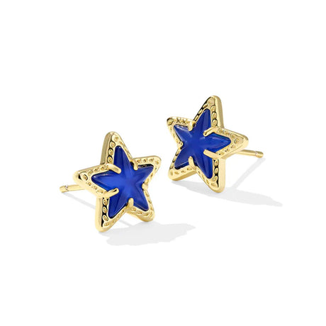 Star-shaped earrings with blue centers and gold outlines on a white background