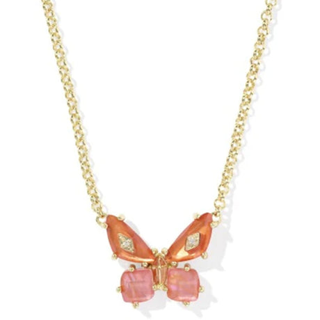 Butterfly-shaped necklace with pink and gold details on a white background