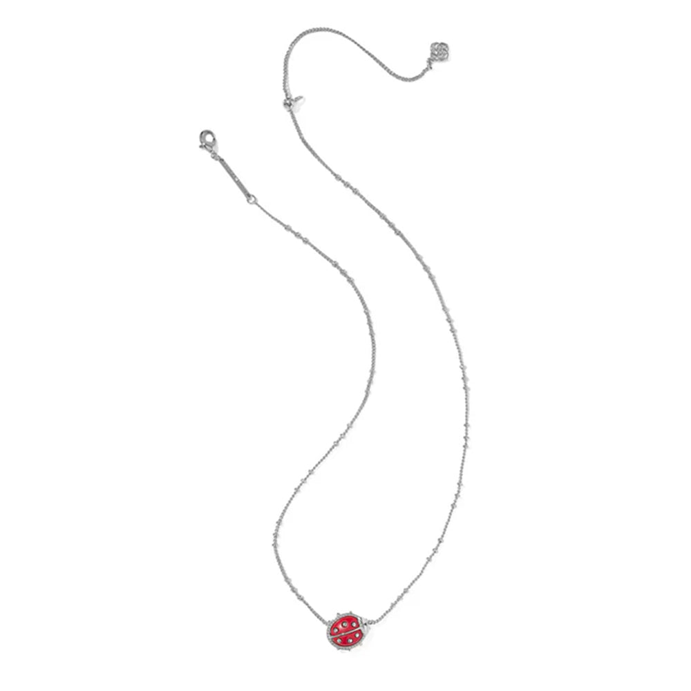 Silver necklace with a red pendant on a white background