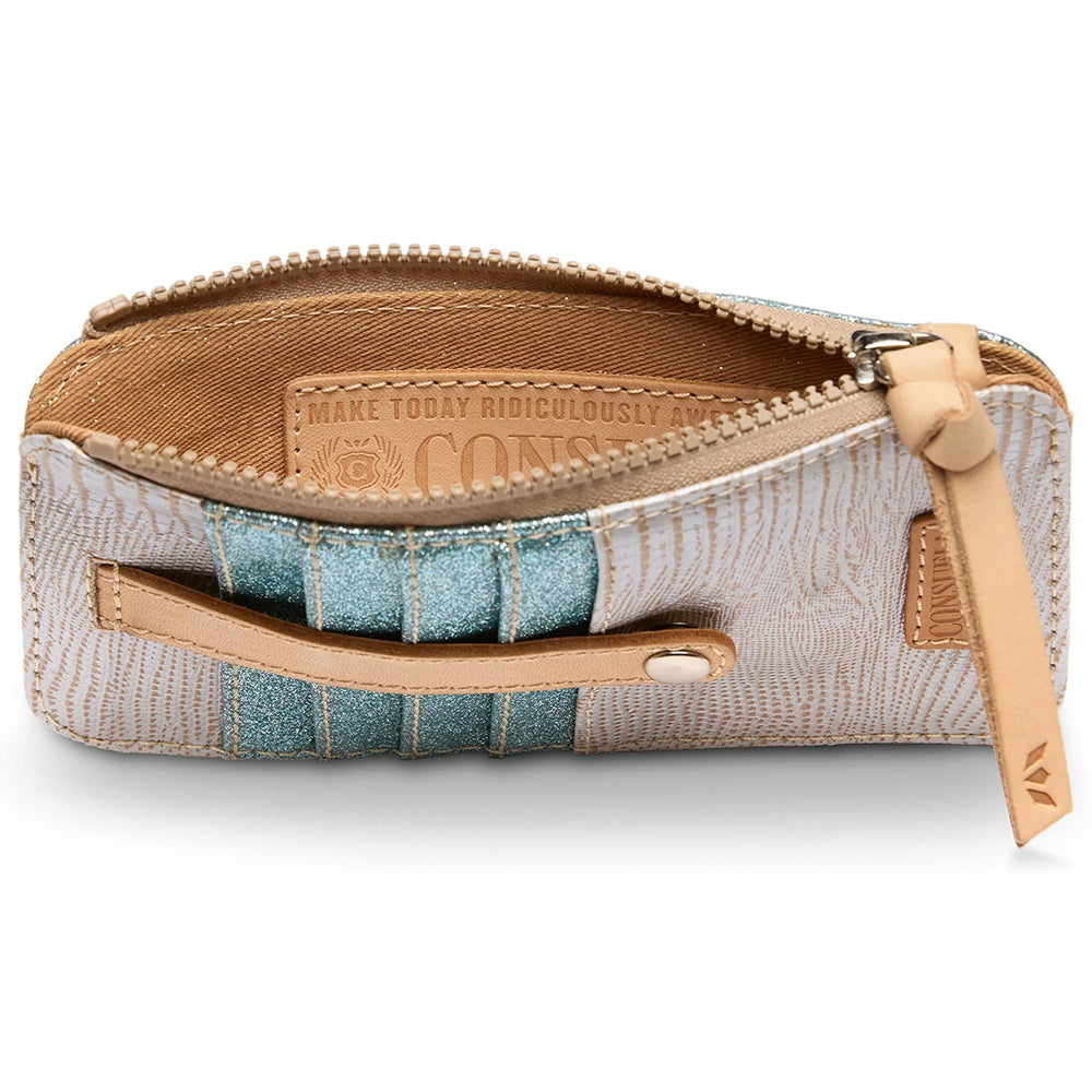 Small pouch with zipper and textured fabric on a white background