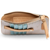 Small pouch with zipper and textured fabric on a white background