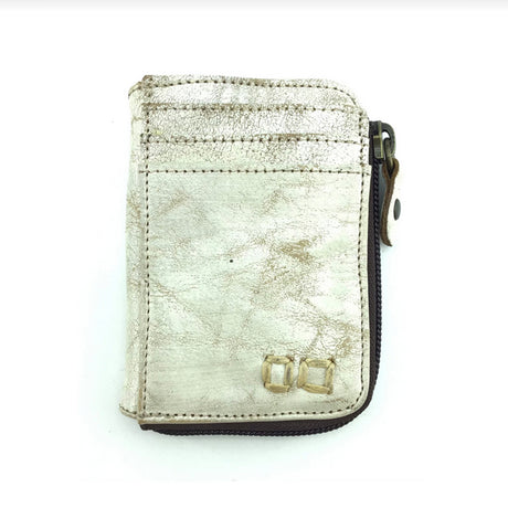 Small metallic wallet with a zipper on a white background