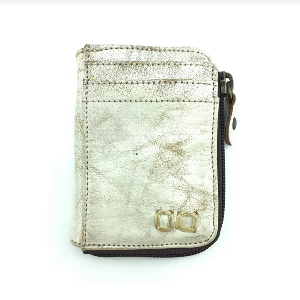 Small metallic wallet with a zipper on a white background