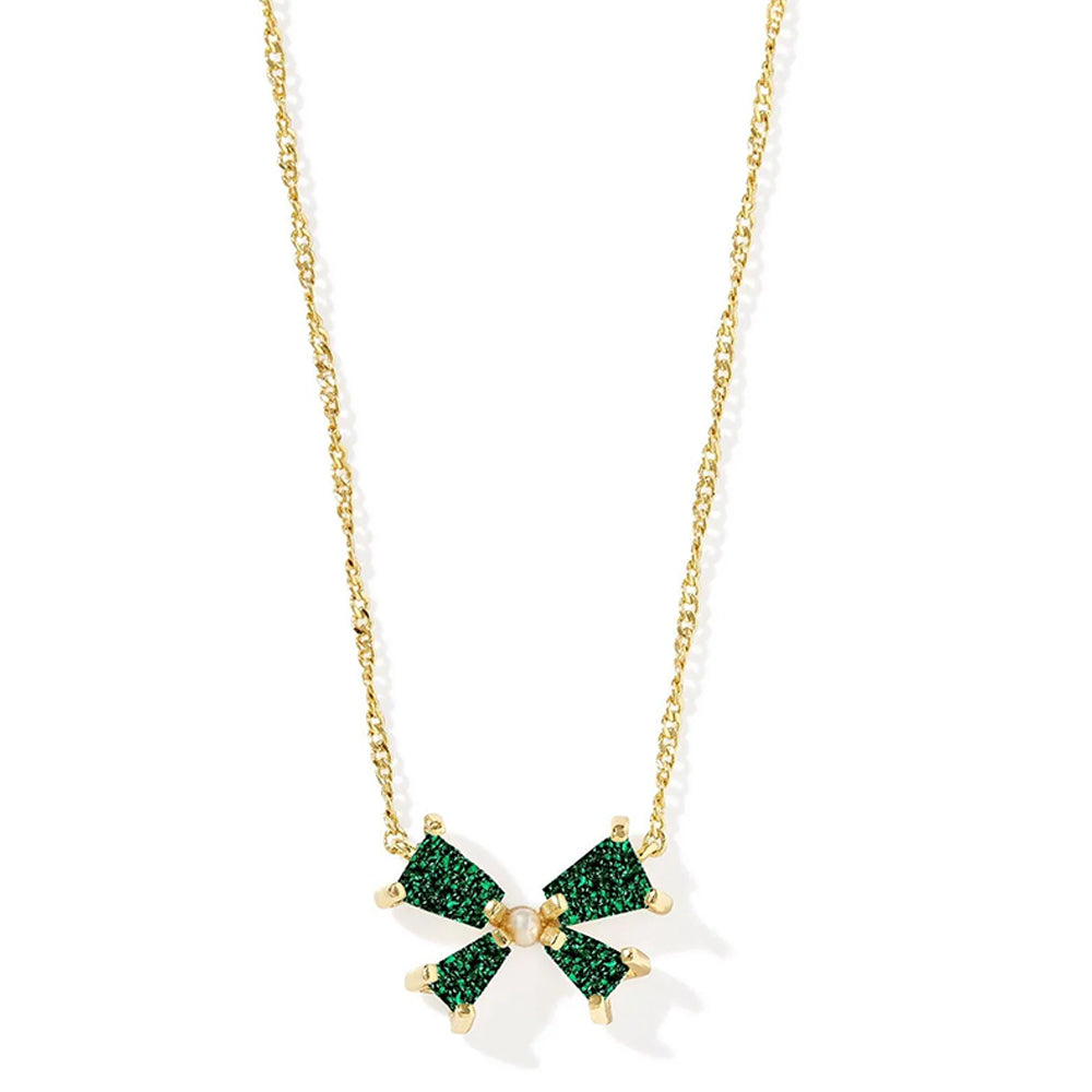 Necklace with green and white pendant on gold chain against a white background