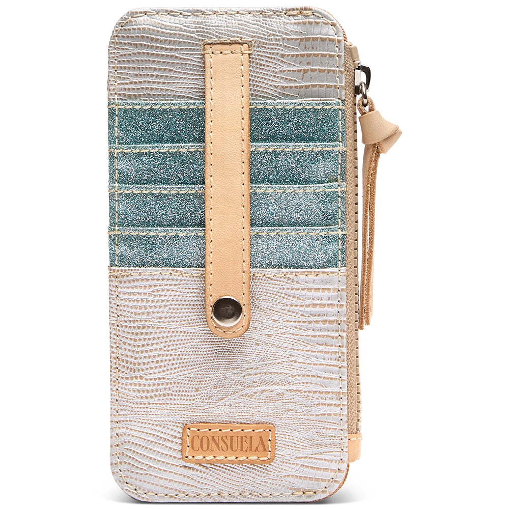 Multicolored wallet with beige strap and visible brand logo on a white background