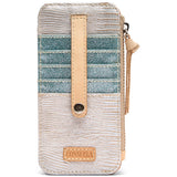 Multicolored wallet with beige strap and visible brand logo on a white background