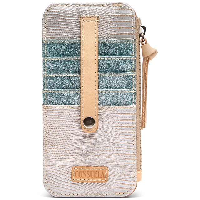 Multicolored wallet with beige strap and visible brand logo on a white background