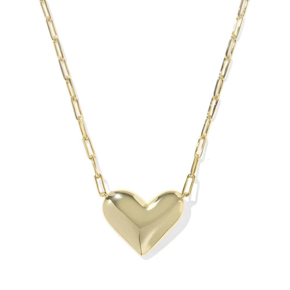 Gold heart-shaped pendant necklace on a white background