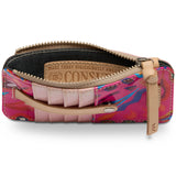 Colorful wallet with a visible brand logo on a white background