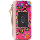 Colorful patterned phone case with a card slot on a white background