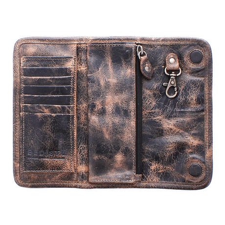 Brown leather wallet with zipper on a white background