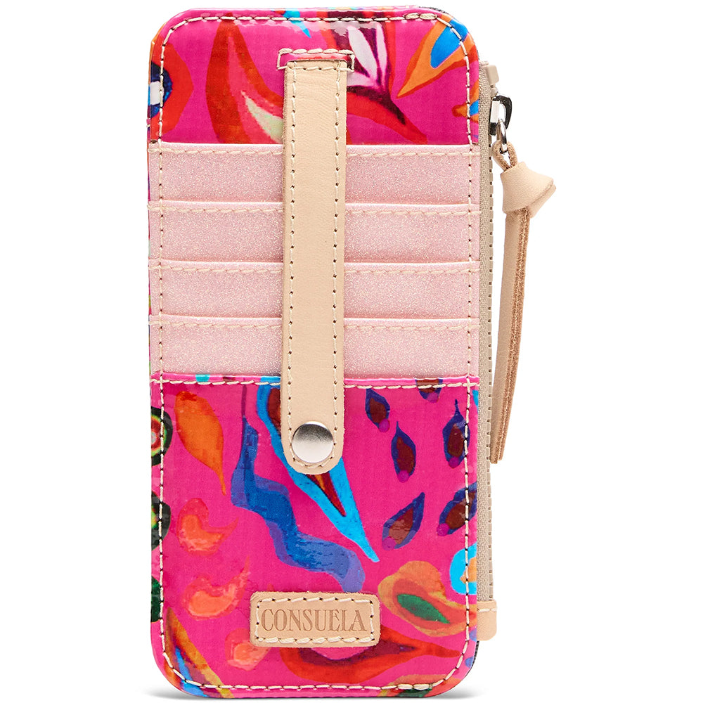 Colorful wallet with floral pattern and visible brand name on a white background