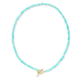 Turquoise beaded necklace with a gold clasp on a white background