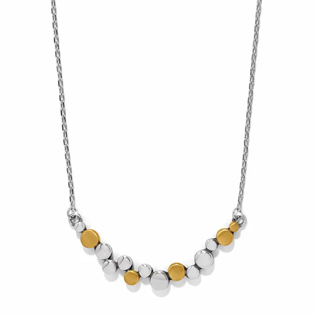 Necklace with alternating gold and silver beads on a white background