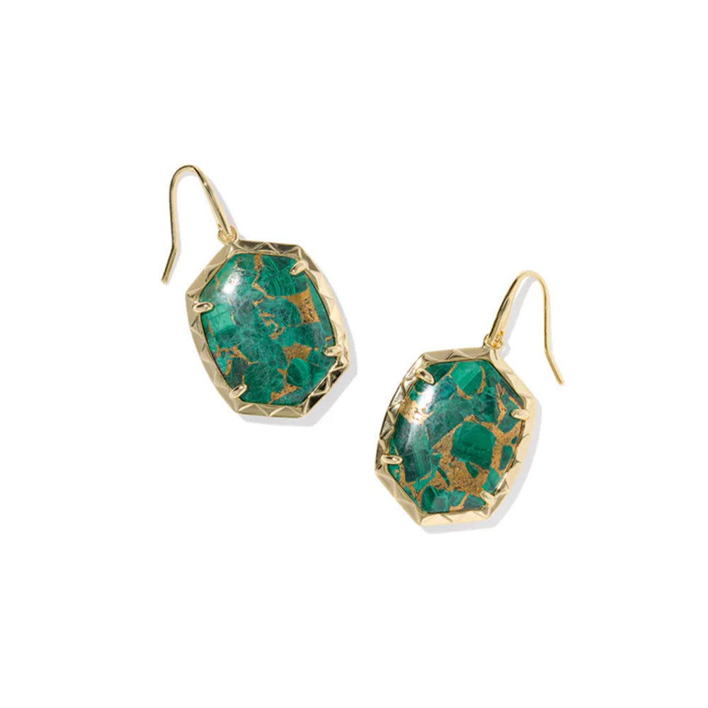 Pair of green marbled earrings with gold accents on a white background