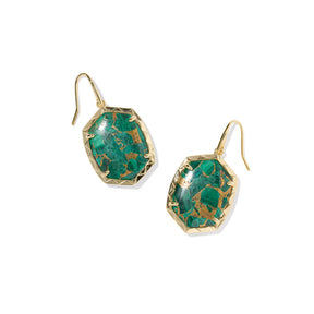Pair of green marbled earrings with gold accents on a white background