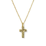 Gold cross necklace on a white background