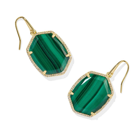 Green stone earrings with gold accents on a white background