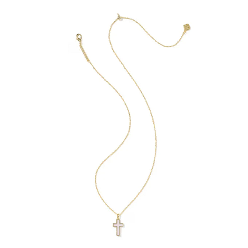 Gold necklace with a cross pendant on a white background