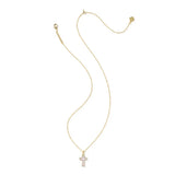 Gold necklace with a cross pendant on a white background