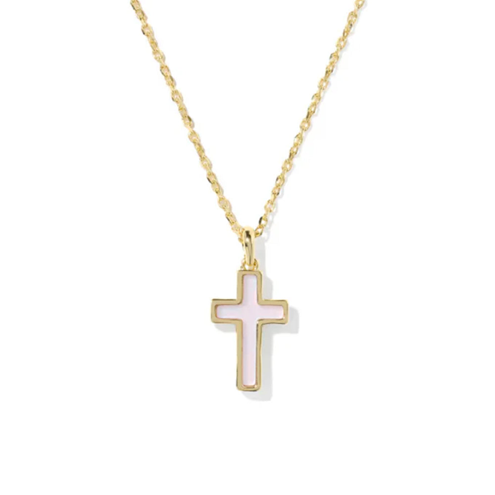 Gold necklace with a cross pendant on a white background