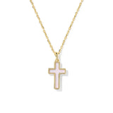 Gold necklace with a cross pendant on a white background