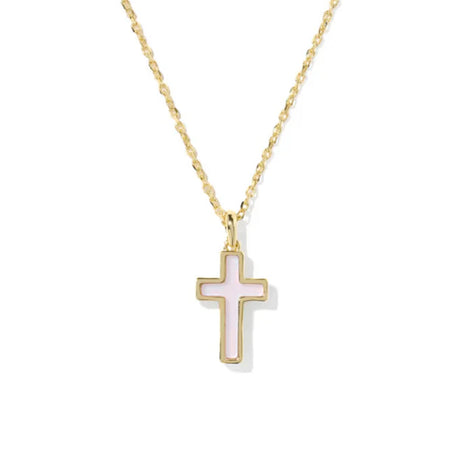 Gold necklace with a cross pendant on a white background
