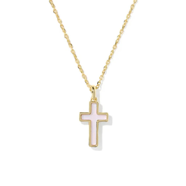 Gold necklace with a cross pendant on a white background