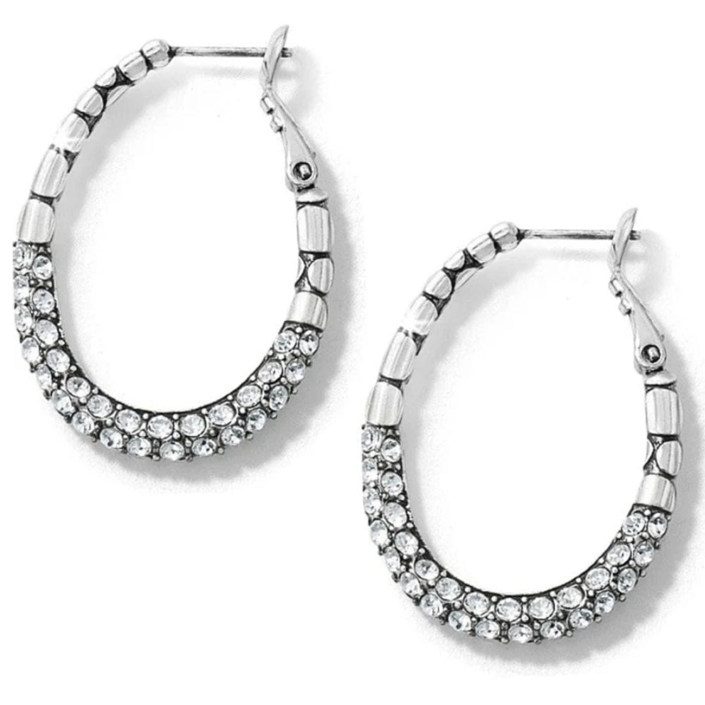 Silver hoop earrings with clear gemstones on a white background