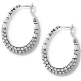 Silver hoop earrings with clear gemstones on a white background