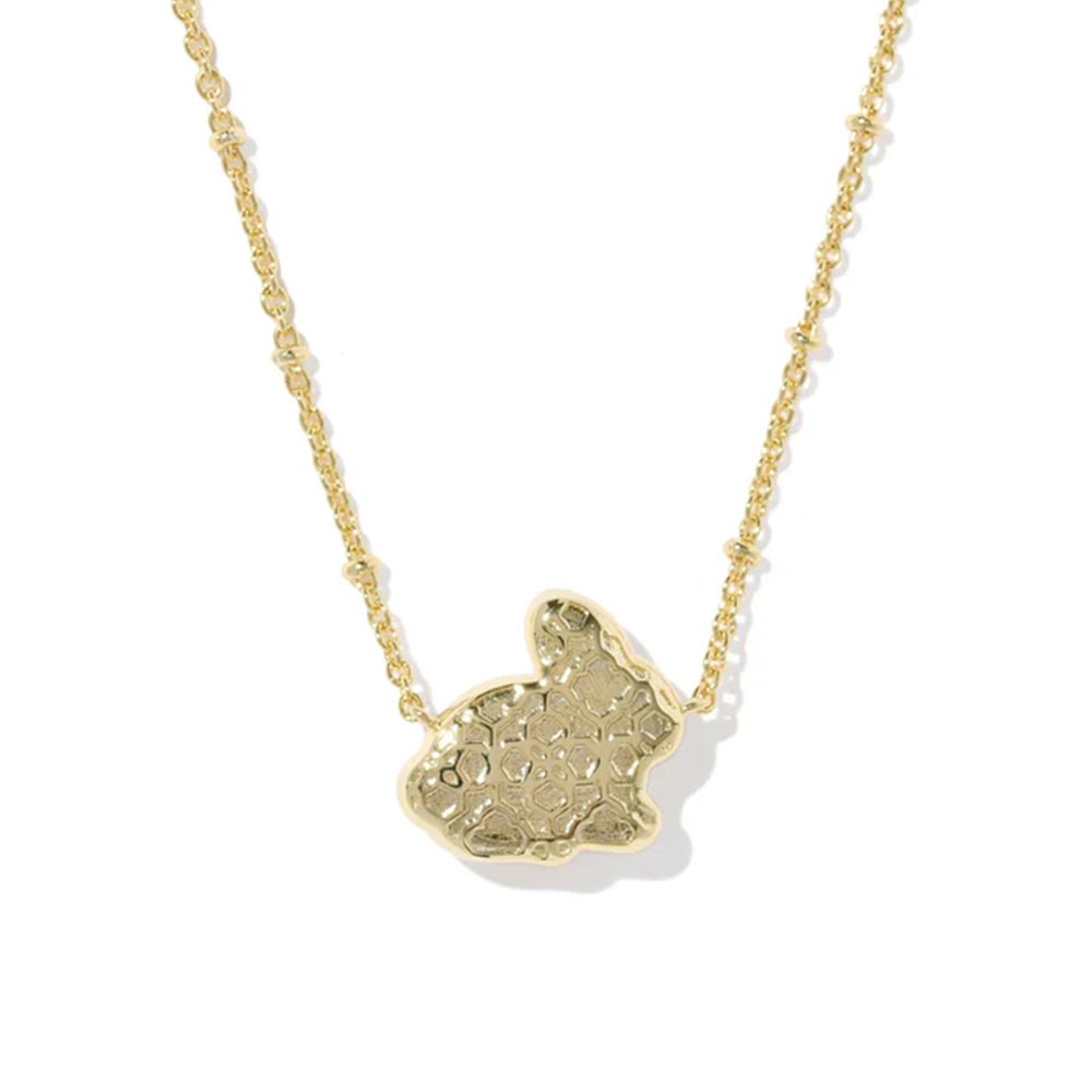 Gold necklace with a textured pendant on a white background