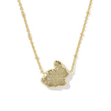 Gold necklace with a textured pendant on a white background