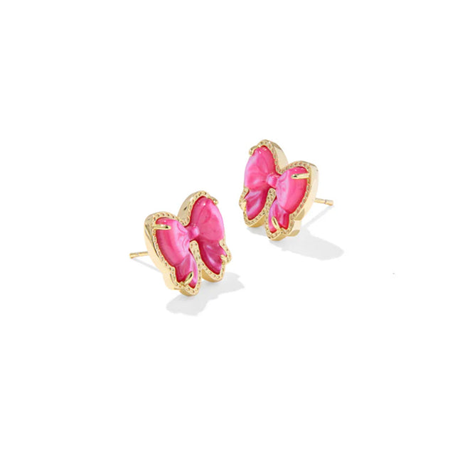 Pink butterfly earrings with gold frames on a white background