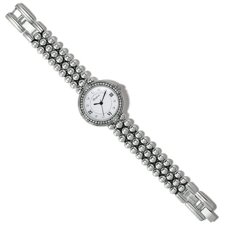 Silver beaded bracelet watch on a white background