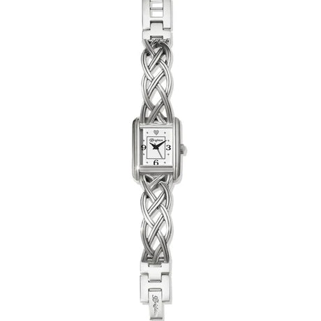 Silver watch with braided design on a white background