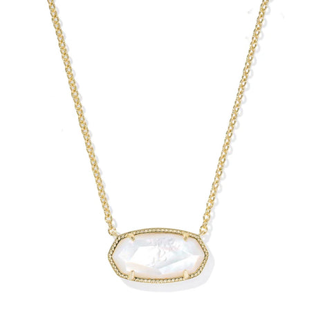 Necklace with a gold chain and a large, clear stone pendant on a white background