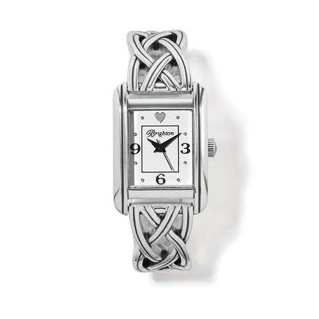 Silver watch with intricate design on a white background
