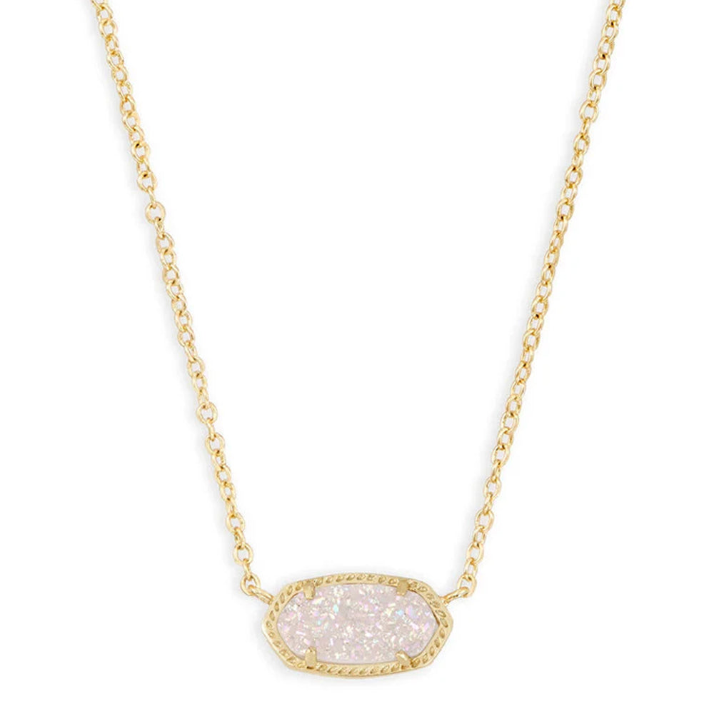 Necklace with a gold chain and a white pendant on a white background