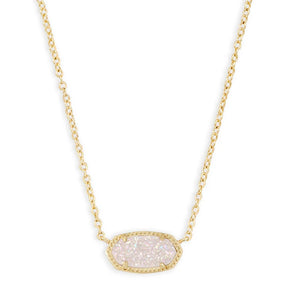 Necklace with a gold chain and a white pendant on a white background