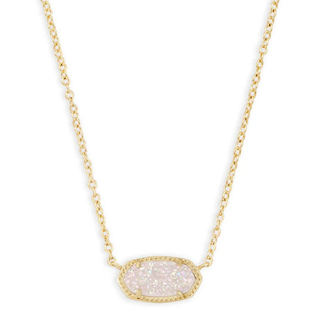 Necklace with a gold chain and a white pendant on a white background