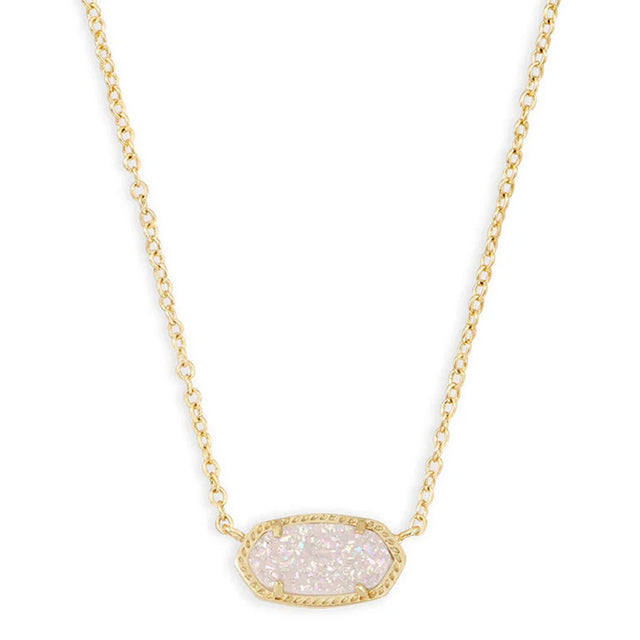 Necklace with a gold chain and a white pendant on a white background