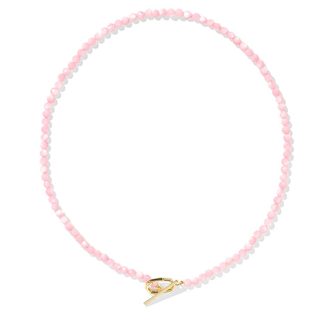 Pink beaded necklace with a gold clasp on a white background