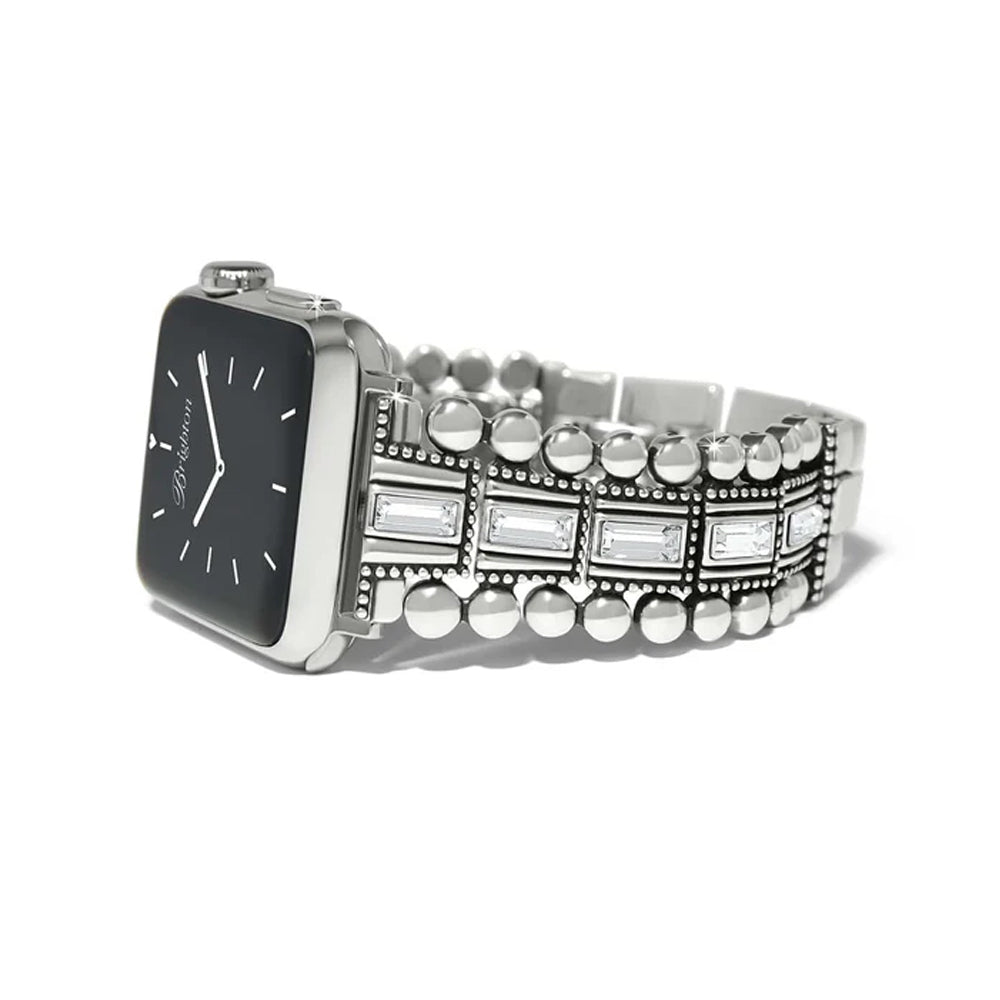 Silver smartwatch with decorative band on a white background