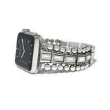Silver smartwatch with decorative band on a white background