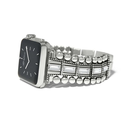 Silver smartwatch with decorative band on a white background