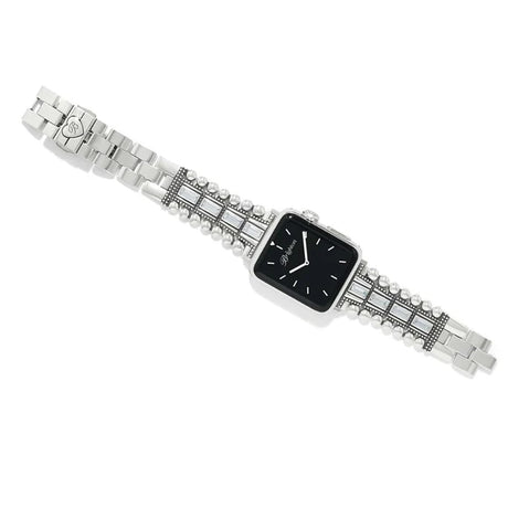 Silver watch with black face on a white background