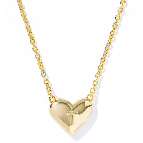 Gold heart-shaped necklace with an 'T' on a white background