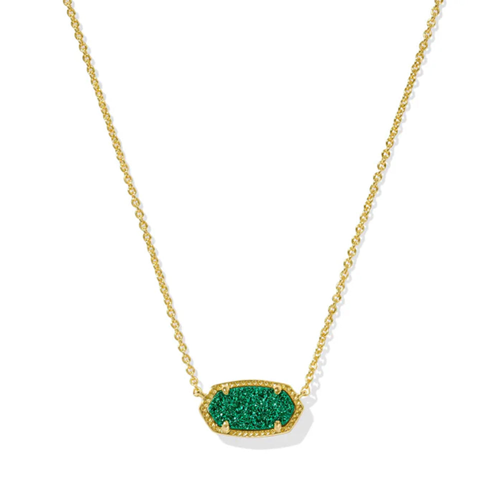 Gold necklace with a green pendant on a white background