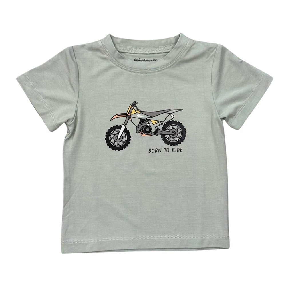Children's t-shirt with a dirt bike graphic and 'Born to Ride' text on a light gray background.
