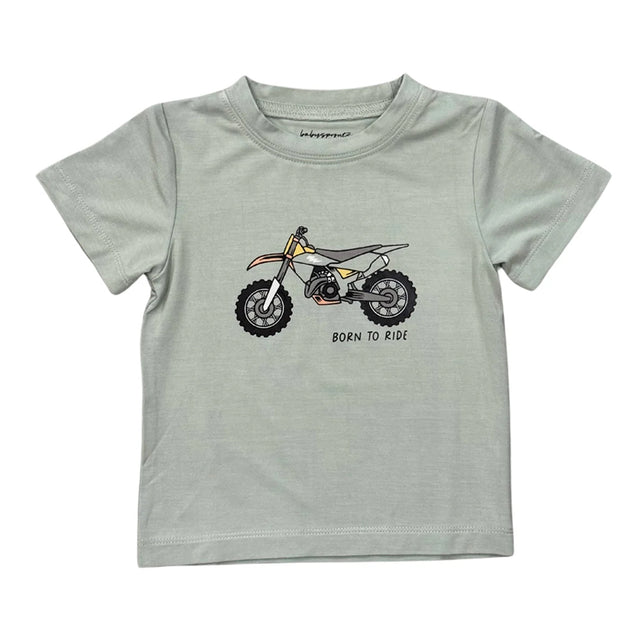 Children's t-shirt with a dirt bike graphic and 'Born to Ride' text on a light gray background.